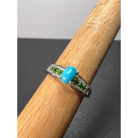 Turquoise and chrome diopside sterling silver ring size 9 - Picture 2 of 8